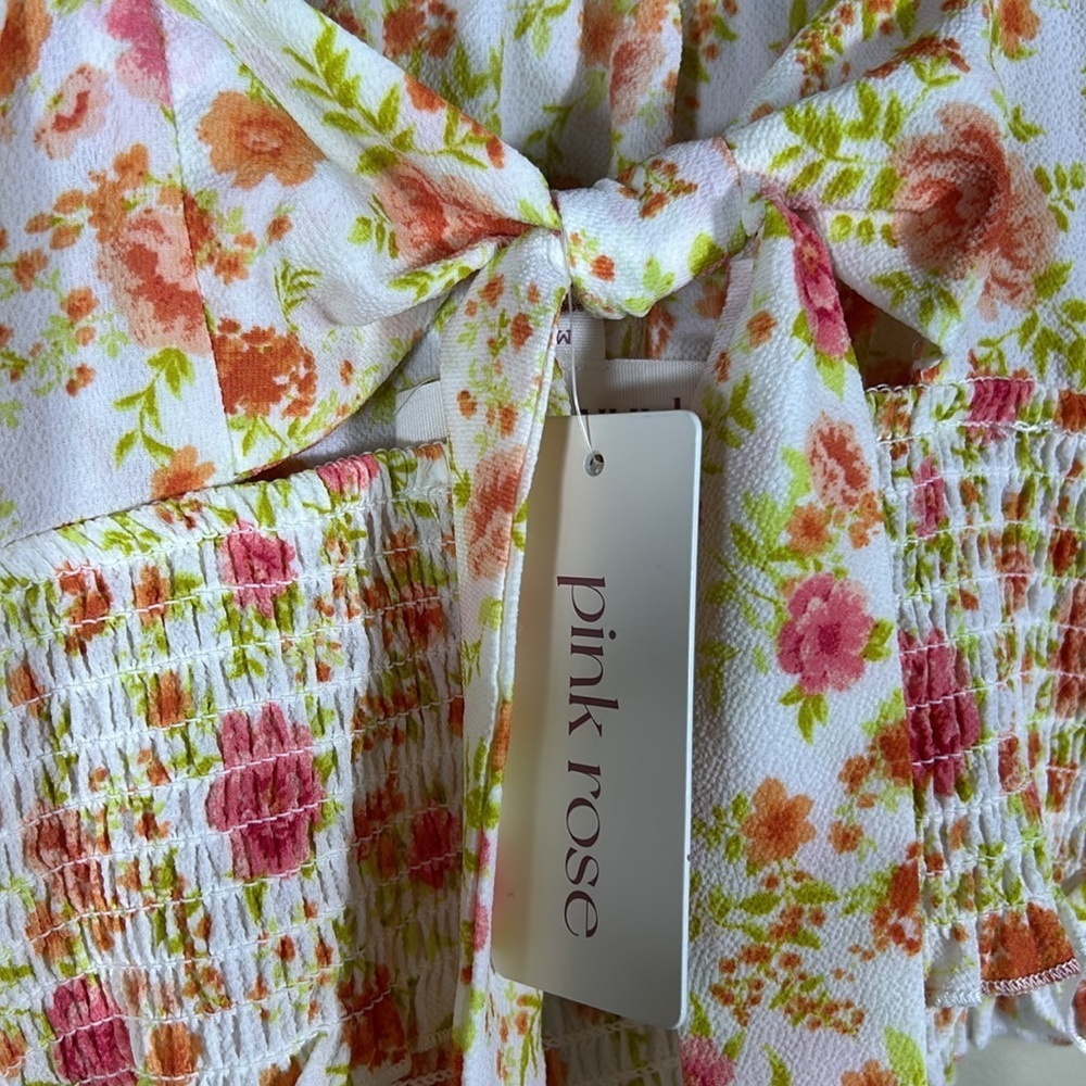 Pink Rose Cropped Elastic Adjustable Shirred Floral W/Bow Top Size Medium NWT - Picture 4 of 8